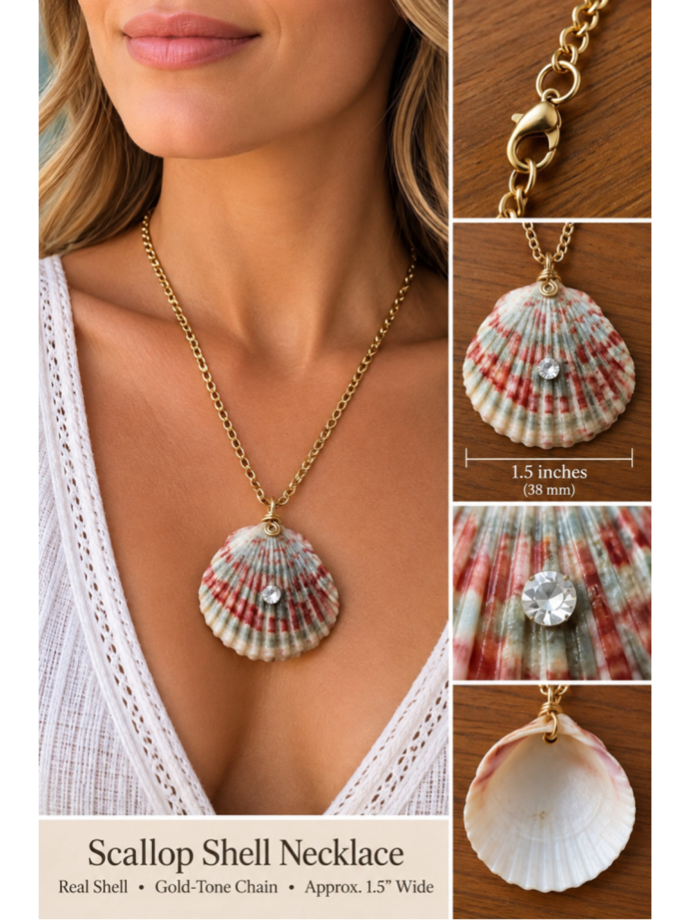 Handmade Natural Scallop Shell Necklace Gold Tone Chain Rhinestone Coastal Jewel